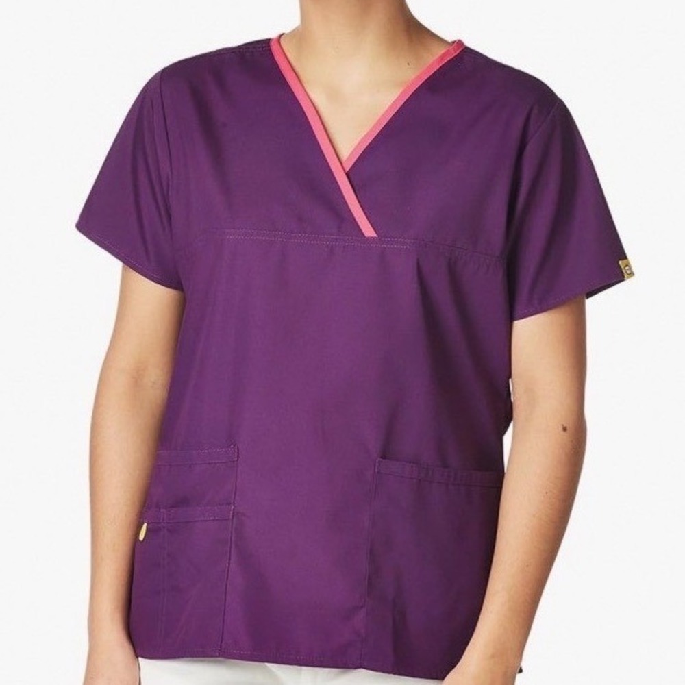 WonderWink Origins Scrub Top Womens 2XL Eggplant Purple Pink V-Neck NWT 6026